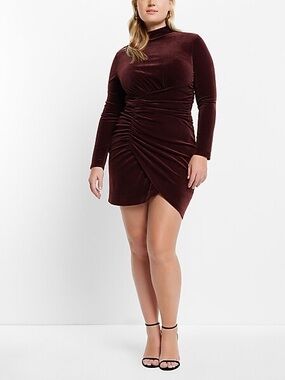 Express Velvet Body Contour Mock Neck Ruched Mini Dress XL Chocolate Brown NEW